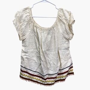 F.L. Malik Linen Cream Embroidered Peasant Top Blouse Size L Made in USA